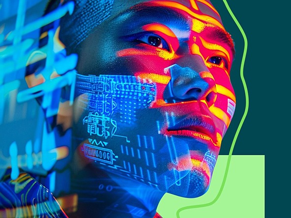 Person's face overlaid with computer coding graphics 